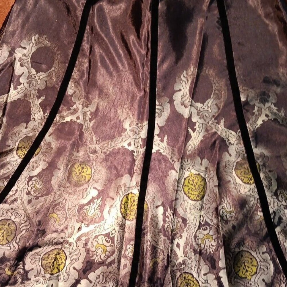 Apostrophe Y2k Satin Long Skirt‎ Brown & Green Velvet Trim  Abstract Floral